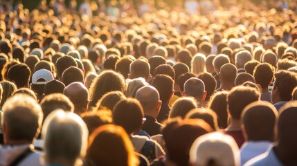 Obraz premium A large crowd gathers closely together outdoors, illuminated by the warm glow of the setting sun during a vibrant event, showcasing a mix of individuals from various backgrounds