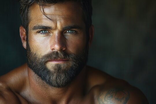 charismatic hipster portrait rugged beard intense gaze and sculpted physique moody lighting accentuates masculine features and confident pose