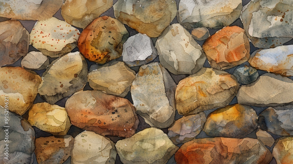Poster a close-up watercolor painting depicting a collection of smooth, rounded river rocks in shades of br