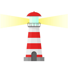 Classic beautiful lighthouse with light in cartoon style on a white background. A red and white lighthouse indicating ships in the dark