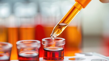 A laboratory technician carefully adds a droplet to a glass test tube, showcasing vibrant reddish liquids and precise handling in a scientific research environment