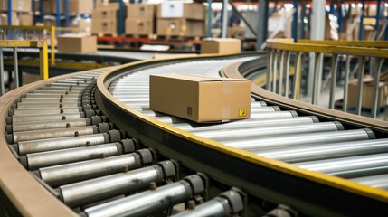 A cardboard box travels along a conveyor belt in a busy warehouse, surrounded by shelves filled with various packages ready for distribution