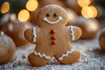 charming gingerbread man cookie with icing details warm bokeh background of twinkling holiday lights dusting of powdered sugar festive red and green accents