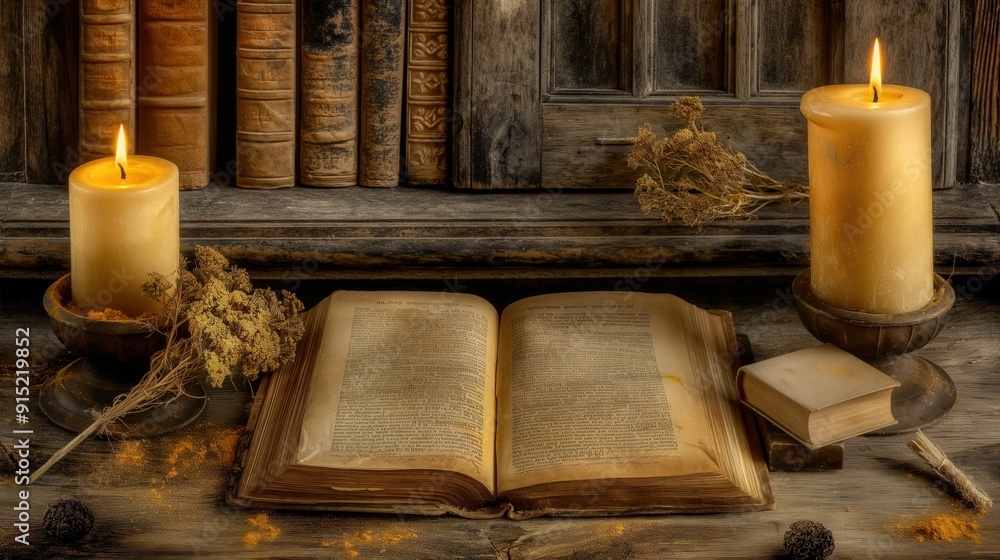 Poster an open book rests on a rustic table, with flickering candles on either side, while dried flowers an