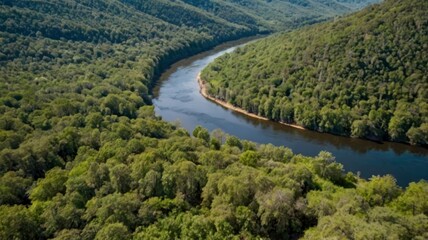 Obraz premium Bird’s-eye view of river in wooded hills 