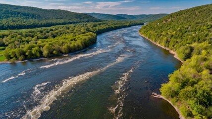 Obraz premium Bird’s-eye view of river in wooded hills