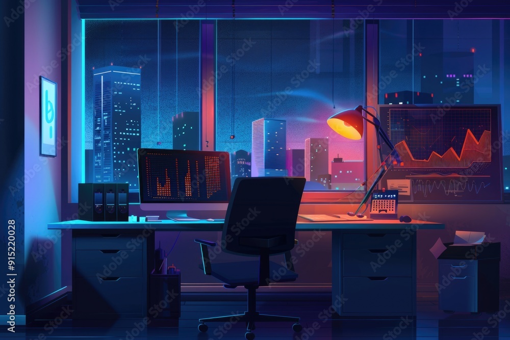 Poster image of a modern computer desk with two monitors and a lamp, suitable for office or home use
