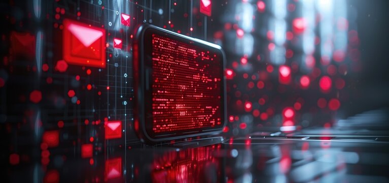 Digital tablet with red binary code and email icons on a futuristic dark background. Concepts of cybersecurity, phishing attack and digital data transmission.
