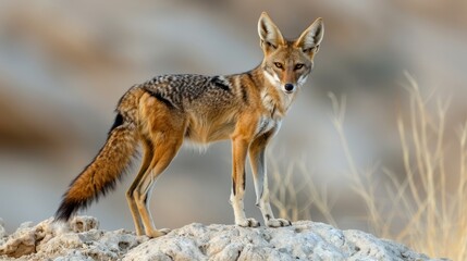 Fototapeta premium Black-backed jackal standing on a rock.