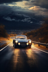 Fototapeta premium Retro car drives on cinematically lit road