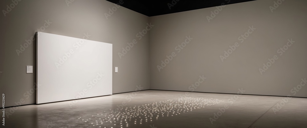 Poster a minimalist art gallery featuring a large white canvas and subtle lighting, showcasing modern desig