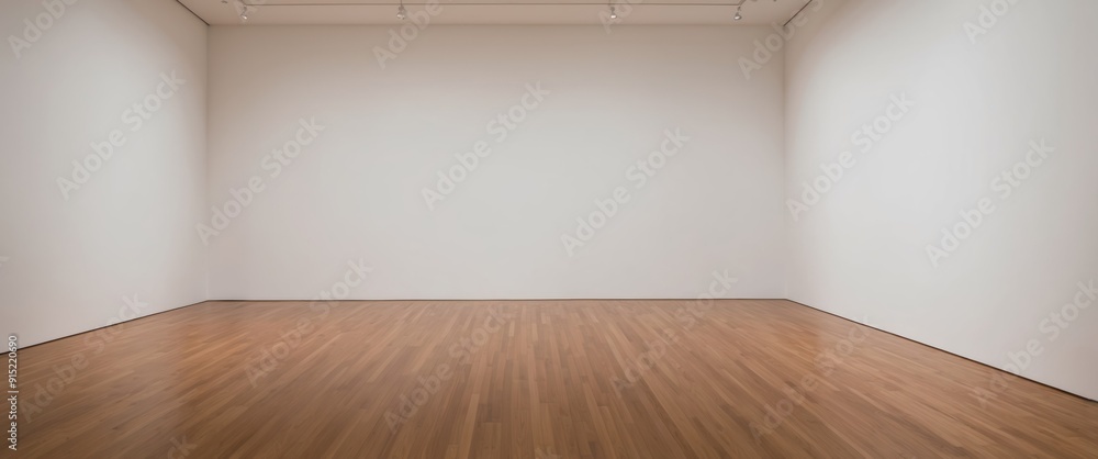 Poster a minimalist art gallery featuring an empty wooden floor and blank walls, perfect for showcasing art