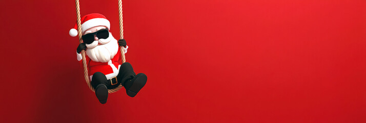 3d render secret Santa Claus wearing sunglasses swinging on a rope.