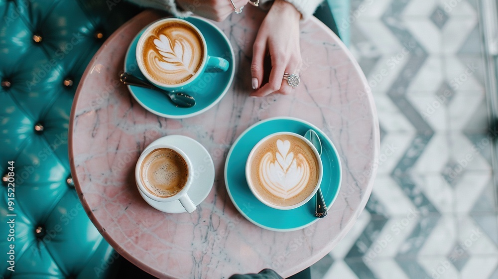 Poster a person sits at a table with two cups of coffee and a spoon in front of them