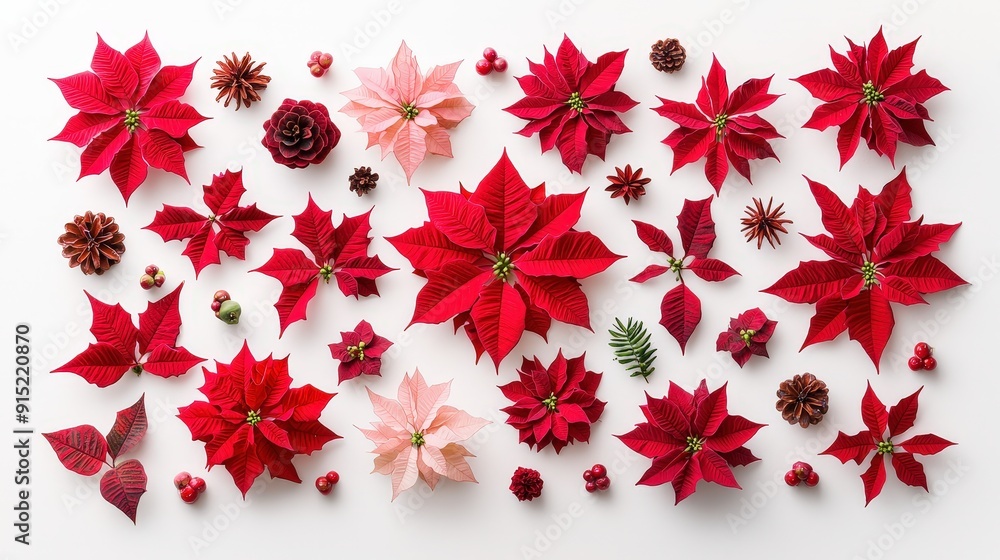 Aufkleber bright red and pink poinsettias are arranged alongside pinecones and small berries, creating a color