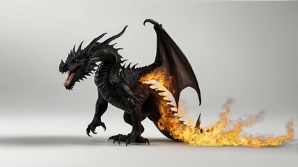Fototapeta premium Black dragon breathing fire, cut out on white or transparent PNG