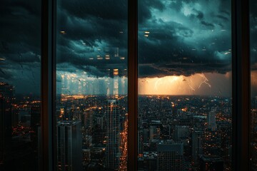 A window in an urban high-rise, with a thunderstorm brewing in the distance. 