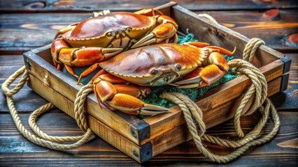 Freshly caught Dungeness crabs, tied with twine, rest on ice in a rustic wooden crate, showcasing their vibrant blue and orange shells.
