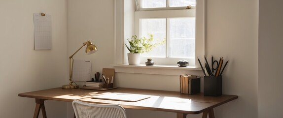 A bright and organized home office workspace featuring a desk, lamp, and plants, perfect for productivity and creativity