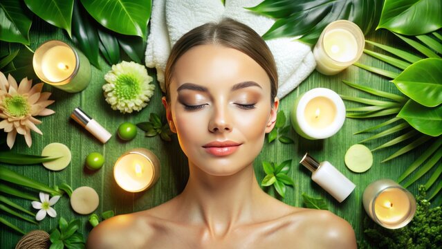 Glowing facial skin with subtle sheen illuminated by soft natural light, surrounded by beauty products and lush greenery on a serene spa backdrop.