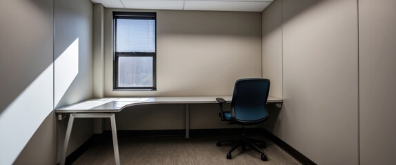 A minimalist office space featuring a desk and chair, evoking a sense of solitude and productivity