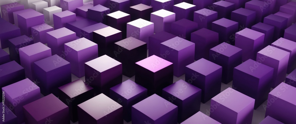 Poster an abstract arrangement of purple cubes creating a modern, 3d geometric pattern, ideal for digital d
