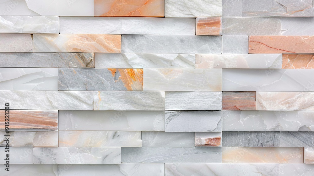 Wall mural   Close-up of white, orange marble blocks wall with red and orange stripe in between