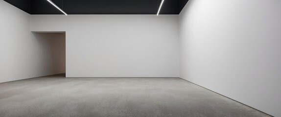 A spacious, minimalist interior with clean lines and bright lighting, ideal for exhibitions or art displays
