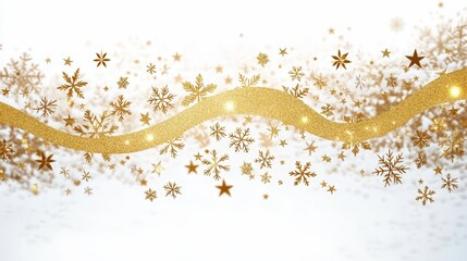 Sparkling gold stars and snowflakes float gracefully against a white background, evoking a joyful winter celebration