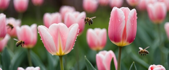 Obraz premium A vibrant scene of pink tulips surrounded by bees, capturing the beauty of spring and nature's pollinators