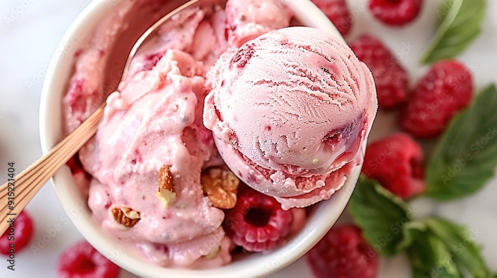 Poster a bowl of raspberry ice cream topped with a spoon and some raspberries on the side