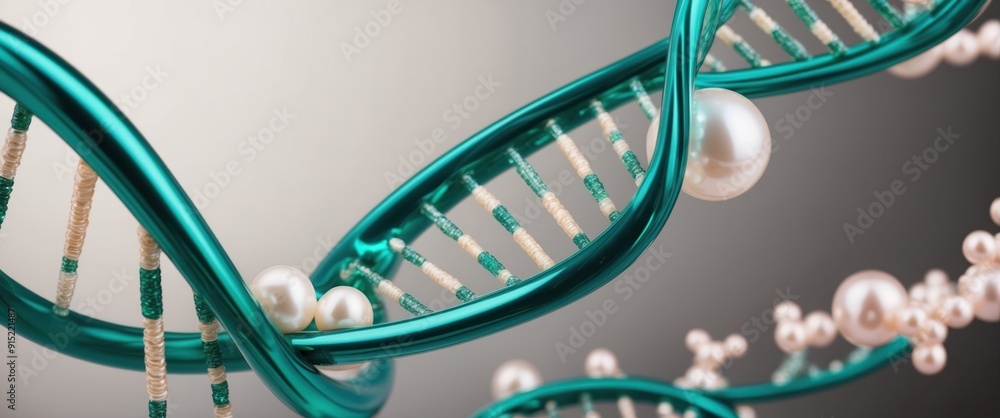 Poster a close up view of a teal double helix structure with pearls, symbolizing genetics and molecular bio