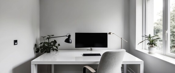 A modern home office featuring a sleek desk, computer, and indoor plants, designed for productivity and minimalism
