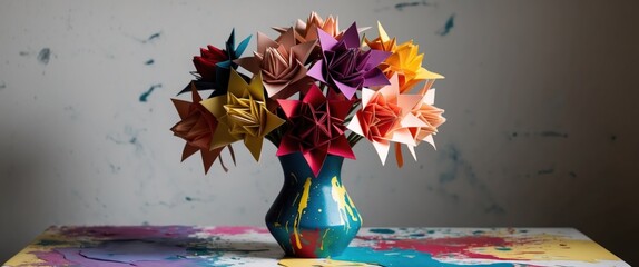 A vibrant and colorful origami flower bouquet in a decorative vase, ideal for artistic decor and celebrations