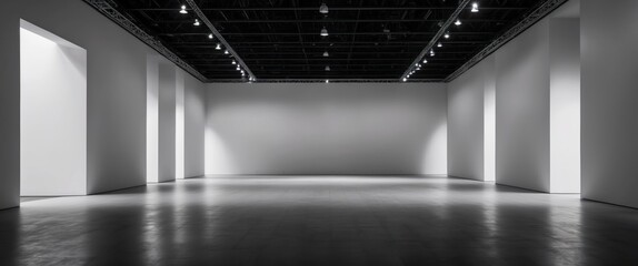 A spacious, minimalist gallery with clean lines and dramatic lighting, ideal for art exhibitions and creative events