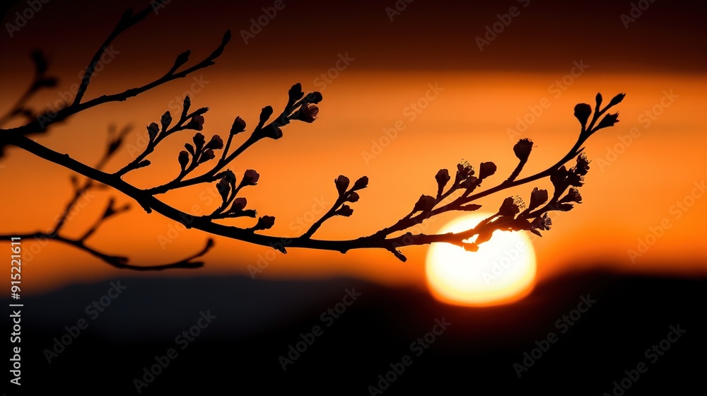 Aufkleber a close-up of a tree branch with the sun setting in the background and water in the foreground