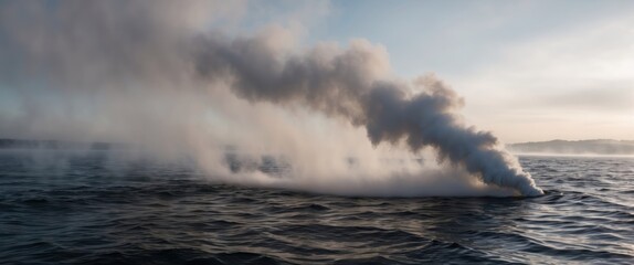 Naklejka premium Misty steam rises from the ocean, creating a tranquil and atmospheric seascape at dawn