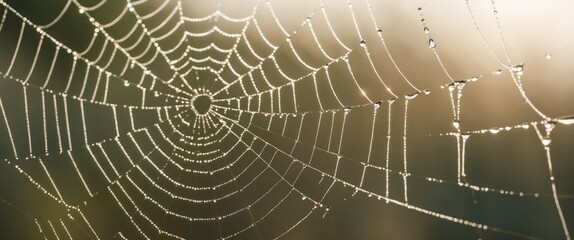 A stunning close up of a spider web adorned with glistening droplets, showcasing nature's delicate beauty