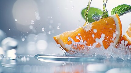   Close-up of a sliced orange on a plate, water splashes, green leaf on top