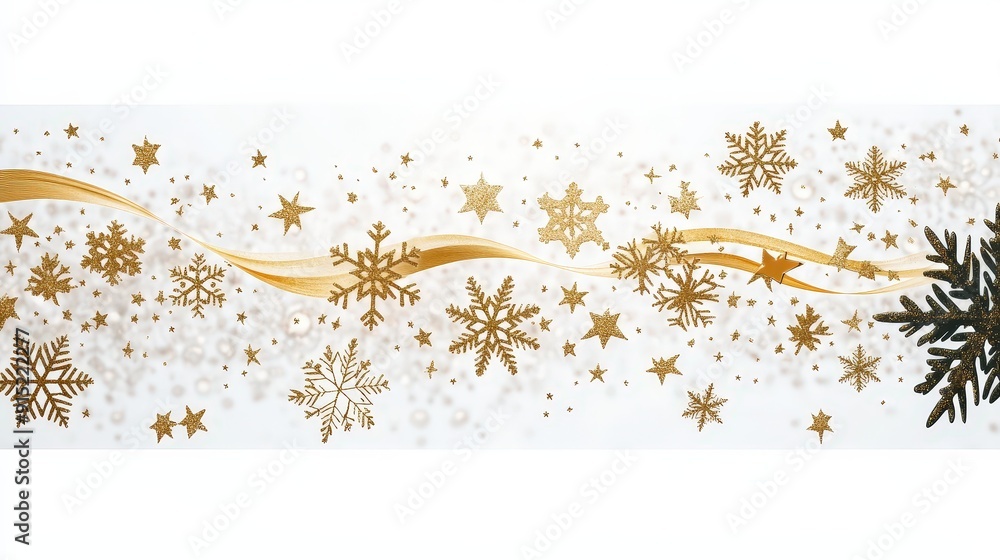 Wall mural Glittering golden snowflakes and stars float elegantly amidst delicate ribbons on a bright white backdrop, creating a festive winter atmosphere