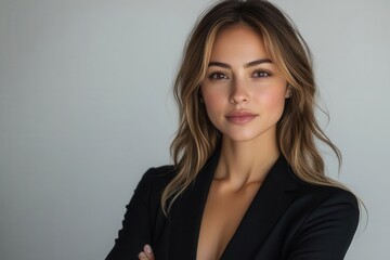 Obraz premium confident businesswoman in sleek attire radiating success crisp white backdrop dynamic pose with crossed arms professional studio lighting