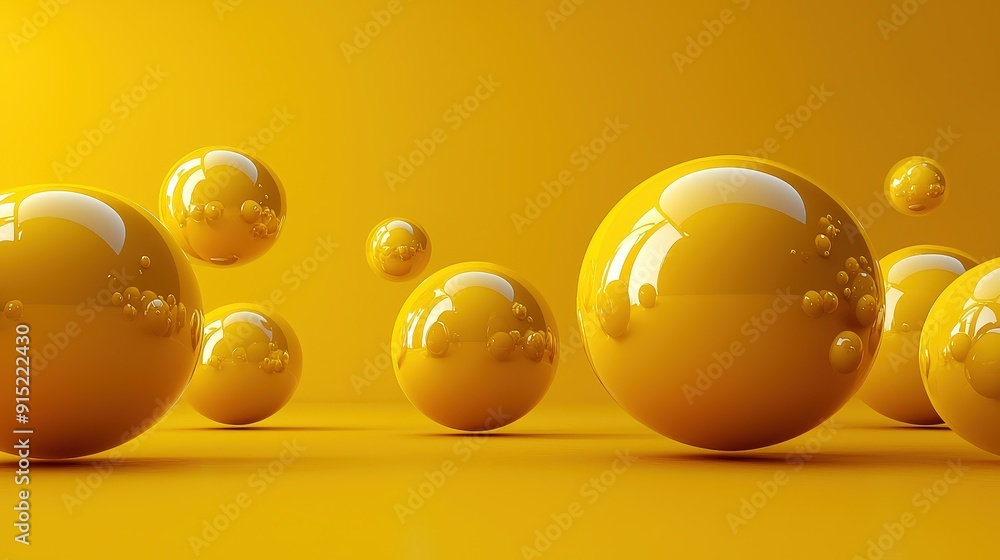 Poster shiny yellow spheres are scattered across a smooth surface, reflecting light and creating a lively a