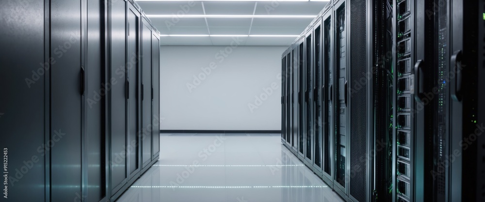 Poster a sleek data center with rows of servers, showcasing a modern technological infrastructure for digit