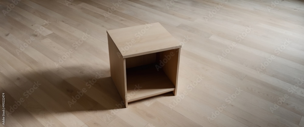 Aufkleber a simple wooden cube shaped storage unit in a minimalistic interior, showcasing clean design and nat