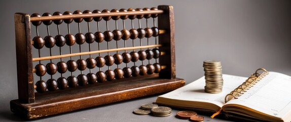 An abacus, coins, and a ledger are arranged, symbolizing finance and accounting concepts for budgeting and money management