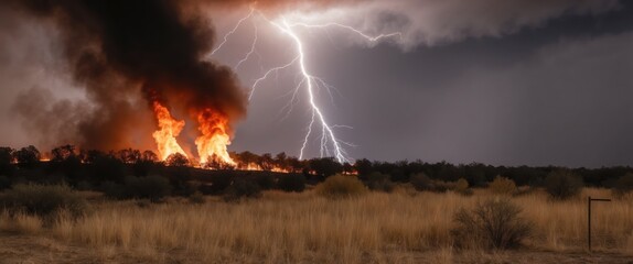 A dramatic scene of wildfires and lightning striking a dark sky, showcasing nature's intense power and ecological threat
