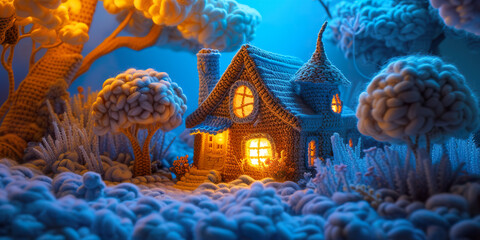 Fototapeta premium A Cozy Knitted Cottage Nestled in a Yarn Forest.