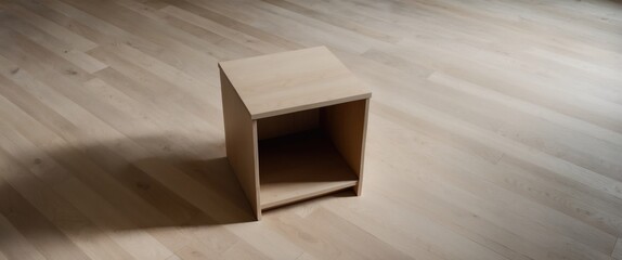 A simple wooden cube shaped storage unit in a minimalistic interior, showcasing clean design and natural elegance