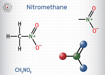 Nitromethane molecule. Structural chemical formula, molecule model. Sheet of paper in a cage