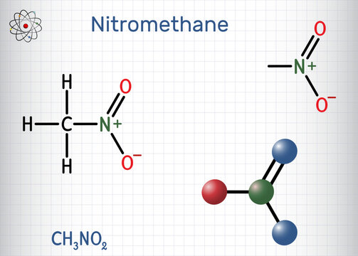 Nitromethane molecule. Structural chemical formula, molecule model. Sheet of paper in a cage